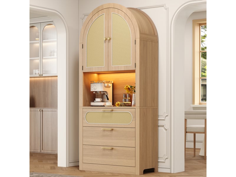 Vitrine chêne clair 80 cm - portes rotin, led réglable - 1 vitrine, 2 niches, 3 tiroirs - salon - Conforama E
