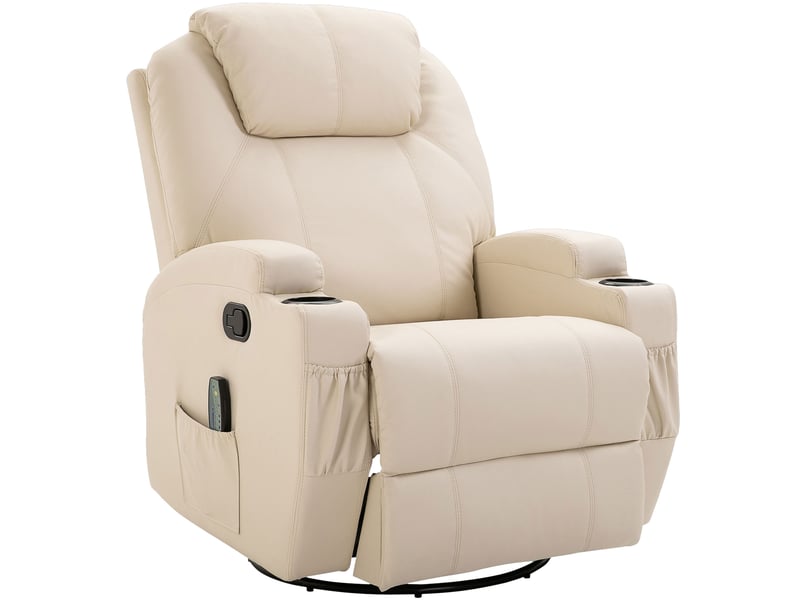 Fauteuil relax inclinable avec massage électrique 5 modes, pivotant, porte-gobelets, en cuir crème - Conforama A
