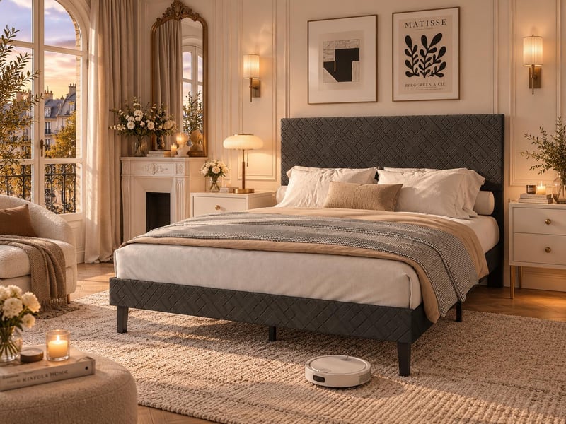 Lit 2 places 160 x 200 cm - tissu gris - tête de lit capitonnée et cadre rembourré - Conforama B