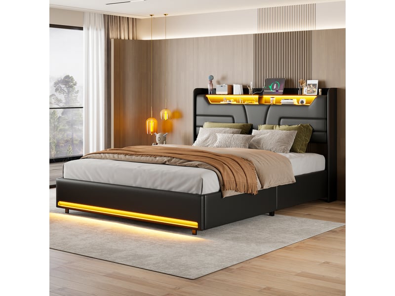  Lit double coffre - 160 x 200 cm-noir - en similicuir pu, avec tête de lit lumineuse, double éclairage led, ports de charge et vérins hydrauliques  - Conforama C
