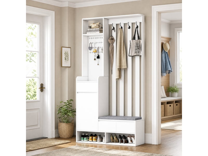  Meuble d'entrée avec banc rembourré, 4 crochets, tiroir, placard et panneau perforé en mdf blanc 100 × 35 × 180 cm  - Conforama C