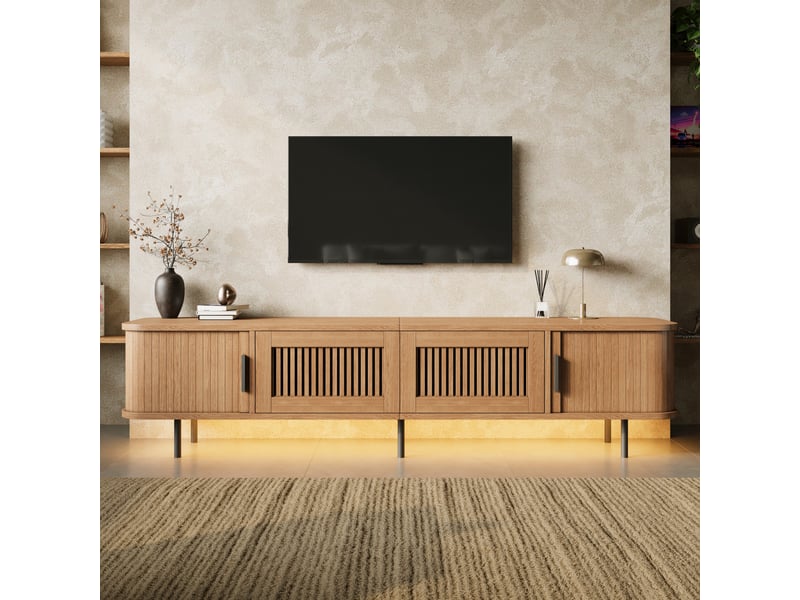  Meuble tv design scandinave, banc tv bas avec led connectée et portes coulissantes, en bois mdf et métal 180cm de salon, naturel  - Conforama C