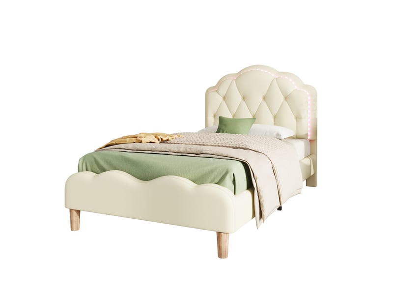  Lit enfant 90 × 200 cm 1 place avec led multicolore et tête de lit ondulée, sans matelas, en pu beige  - Conforama A