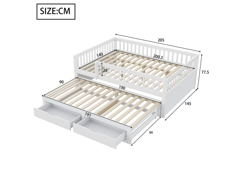 Lit gigogne 140x200 cm avec barrière de sécurité, 2 tiroirs et sommier blanc - Conforama C