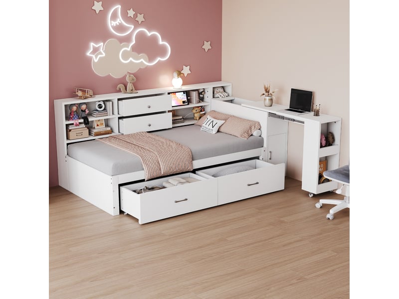  Lit simple multifonction 90x200cm 2 grands tiroirs bureau extensible 40 cm 2 usb + prise ronde bois blanc sans matelas  - Conforama W