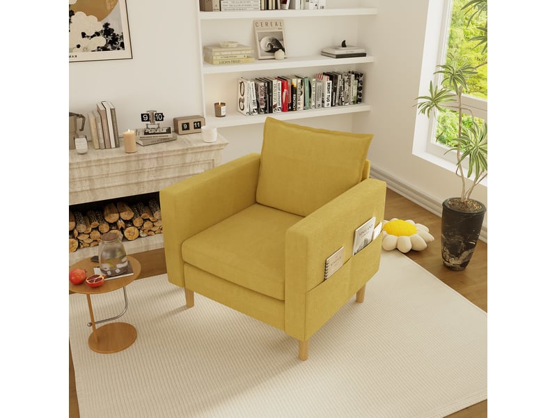 Fauteuil de loisirs 1 place en chenille jaune moutarde avec poche de rangement - Conforama B