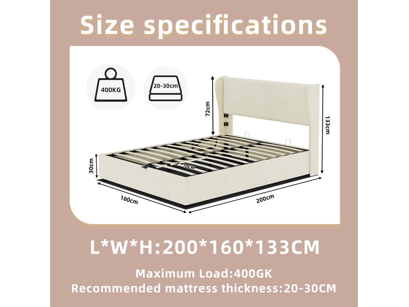  Lit coffre 2 places 160x200 cm avec tête de lit rembourrée, beige  - Conforama C