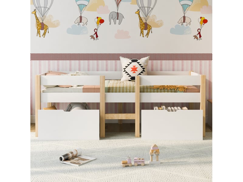  Lit enfant mi-hauteur 90x200 cm avec tiroir et protection anti-chute, bois de pin+mdf blanc &amp; chêne sans matelas  - Conforama D