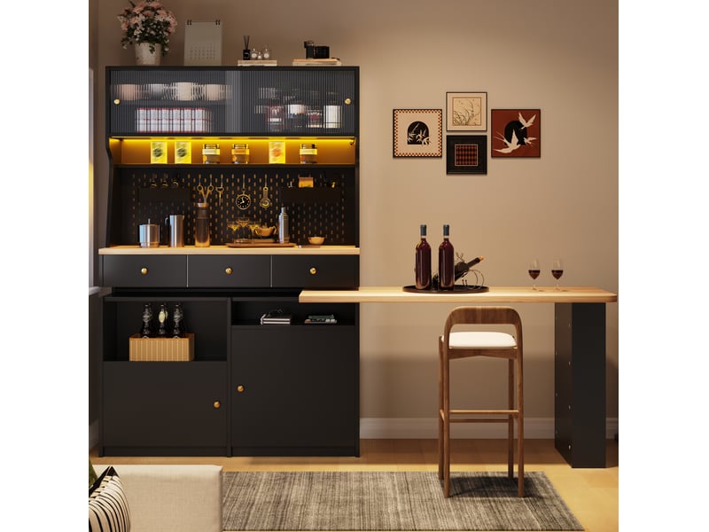  Armoire avec bureau, portes vitrées coulissantes, étagères réglables et led, pour bureau, noir, 137 × 74 × 177,7 cm  - Conforama B