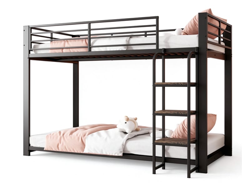  Lit superposé enfant 90 x 200 cm avec escalier à larges marches en bois, garde-corps supérieur et étagère intégrée, métal, noir Morn Vibe - Conforama A