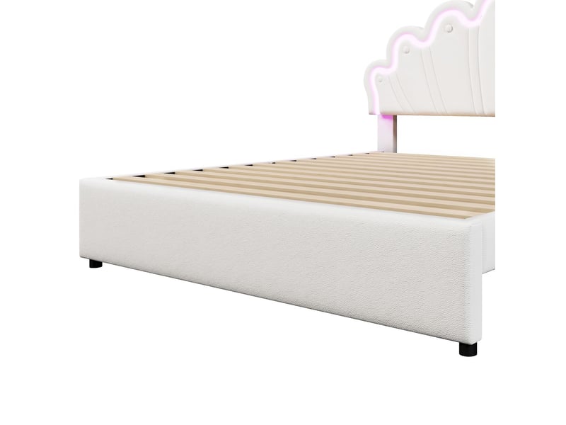  Lit capitonné 140x200cm - design couronne avec led multicolore, tête de lit réglable et 2 tiroirs de rangement - pu blanc princesse  - Conforama D