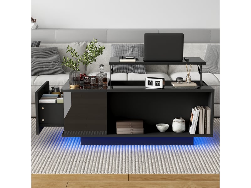  Table basse relevable noire 100x50cm avec rangement caché et led bluetooth  - Conforama E