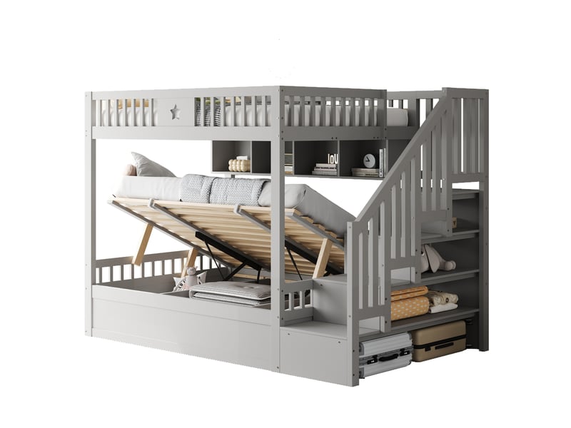  Lit superposé 140x200 cm rangement hydraulique bois gris sans matelas  - Conforama A