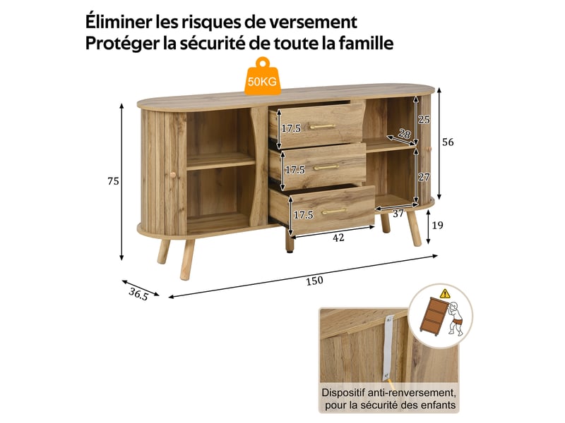 Buffet bas 150x36,5x75 cm, 2 portes coulissantes, 3 tiroirs, mdf et bois, naturel - Conforama C