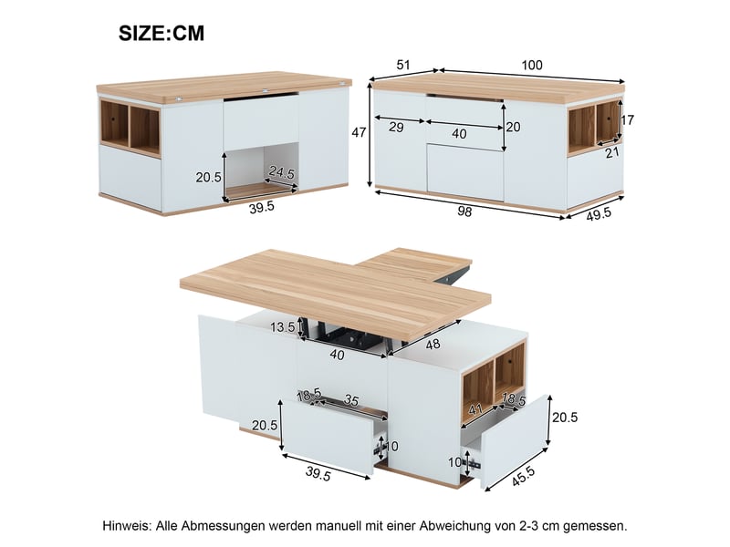  Table basse multifonctionnelle relevable - plateau dépliable en 2 tables, blanc + bois naturel, grande capacité, meuble de salon moderne, table de salle à mangerbureau, table de détente, multifonctionnelle  - Conforama C