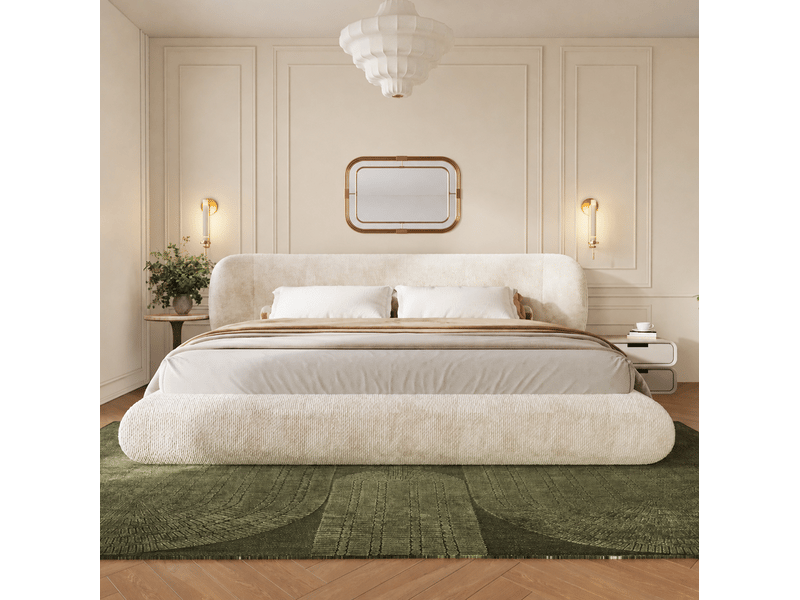 Lit double rembourré 140x190 cm avec sommier à lattes, lit adulte en chenille beige, sans matelas - Conforama B