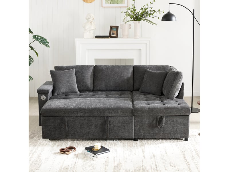  Canapé d'angle droit modenvie convertible 209 x 130 cm chenille gris foncé rangement usb  - Conforama E