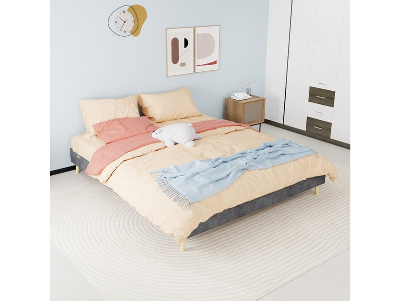  Sommier 2 places 160x200 cm en velours gris avec matelas  - Conforama D