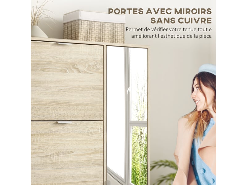  Meuble à chaussures avec 4 abattants, 2 placards et façades miroir pour 16 paires de chaussures, meuble d'entrée  - Conforama E