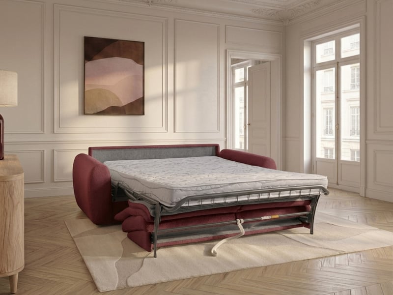 Bobochic canapé droit convertible minorque ouverture express tissu chenille rouge 160x200 MINORQUE - Conforama C