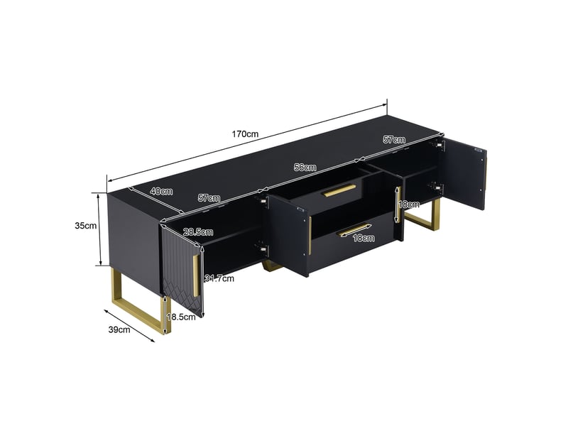  Meuble tv laqué haute brillance 170x40x53.5 cm, au design sculpté avec poignées et pieds dorés, structure mdf, noir  - Conforama C