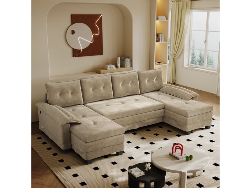Canapé panoramique en u fauteuil relax chenille couleur camel avec prise usb intégrée pour salon moderne - Conforama R