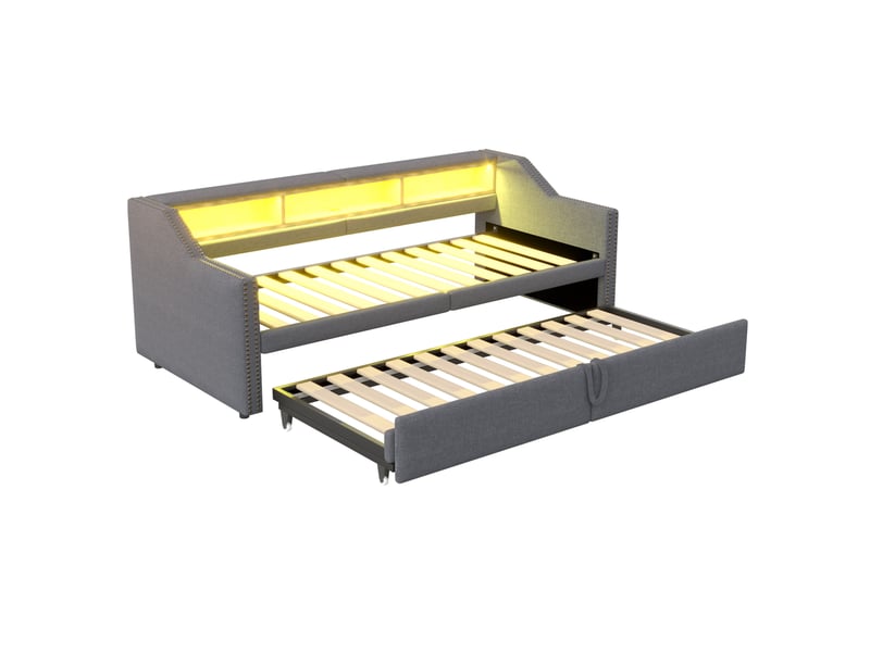  Lit enfant gigogne 90 x 200 cm, rangements latéraux led+usb, sommier lattes, tissu lin, gris foncé sans matelas  - Conforama R