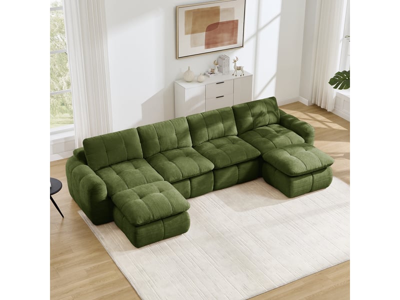 Canapé panoramique modulable 4 places en chenille vert – 334 x 160 x 68 cm Fay Lum - Conforama W