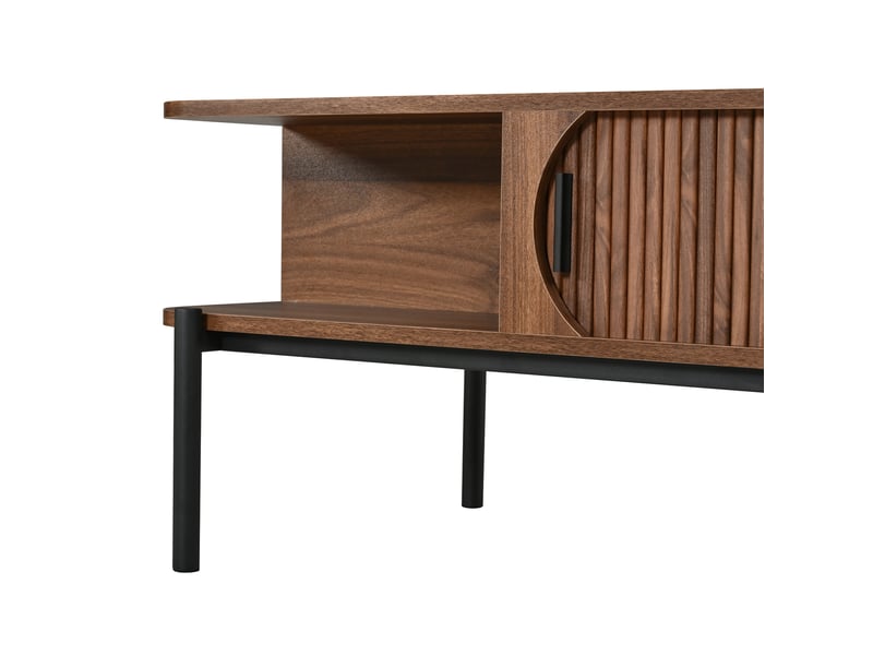 Table basse 100 x 45 x 43 cm avec rangement et portes coulissantes rainurées, plateau mdf, pieds métal noirs, design moderne pour salon, pour aménagement intérieur moderne OPULERANE TRADING LTD - Conforama E