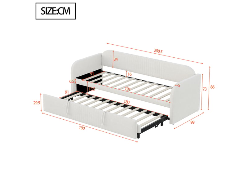  Lit gigogne 90x190 cm, à rayures verticales, sommier à lattes, beige, sans matelas  - Conforama C