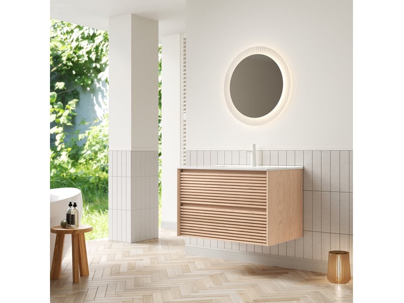  Meuble rangement vasque deux tiroirs ceramique blanc bois naturel grand homvra  - Conforama B