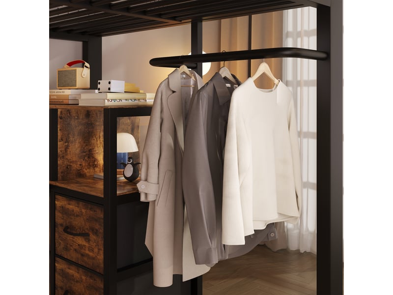  Lit mezzanine avec bureau d’angle, led, prises usb, 140x200 cm, brun-noir  - Conforama B