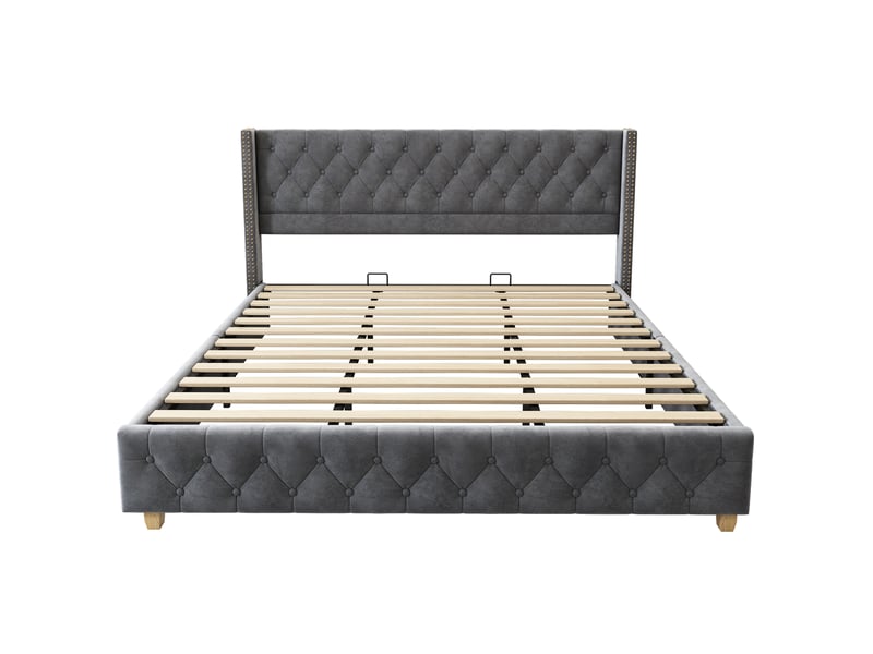  Lit capitonné 180x200 velours gris avec sommier à lattes et tête de lit  - Conforama W