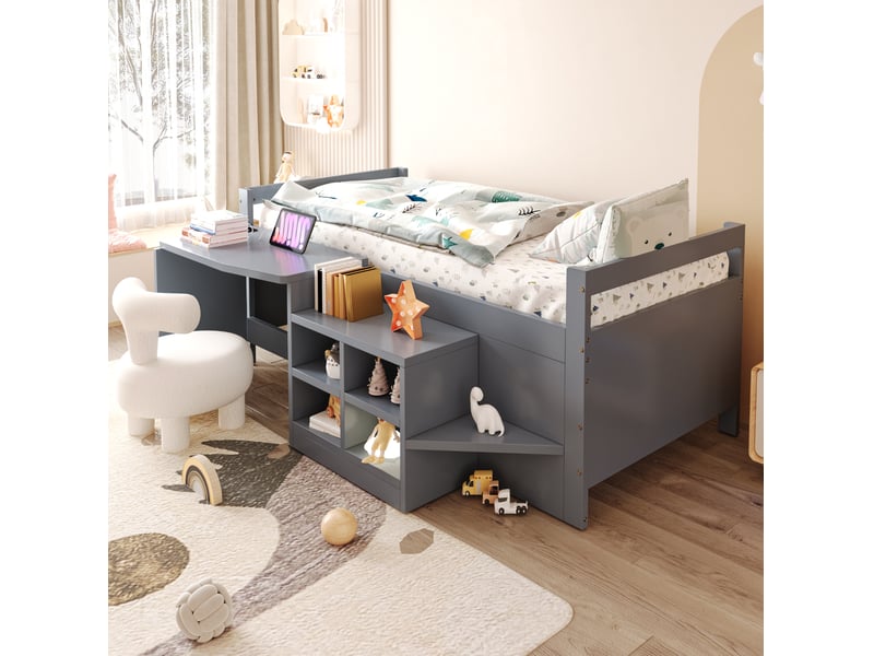  Lit enfant 90 x 200 cm avec bureau, rangements intégrés et prises usb, gris  - Conforama E