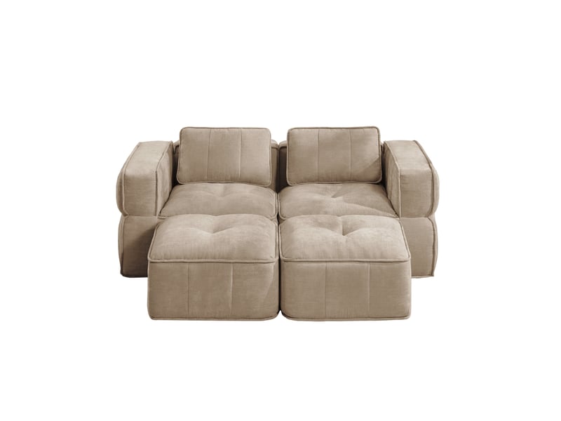  Canapé modulable compressé 2 places avec 2 poufs, en polyester sable  - Conforama E