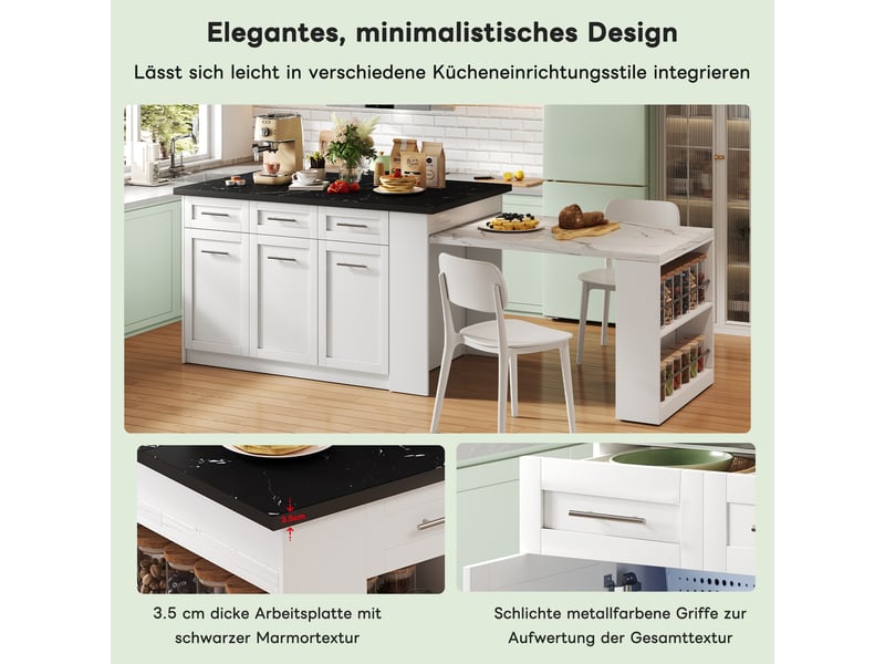 Îlot de cuisine 150 × 90 × 90 cm blanc, mdf, plateau effet marbre noir et blanc, table extensible 96 cm et rangements - Conforama D