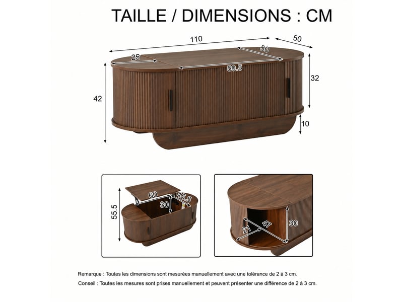  Table basse ovale relevable avec grand espace de rangement, finition aspect noyer, 100x50 cm  - Conforama C
