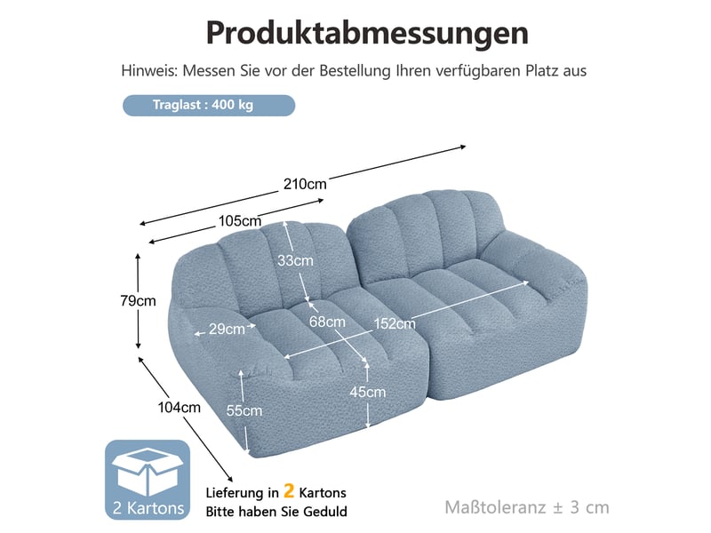 Canapé droit modulable 2 places bleu en tissu bouclette, sans montage, idéal pour votre salon ou appartement - Conforama C
