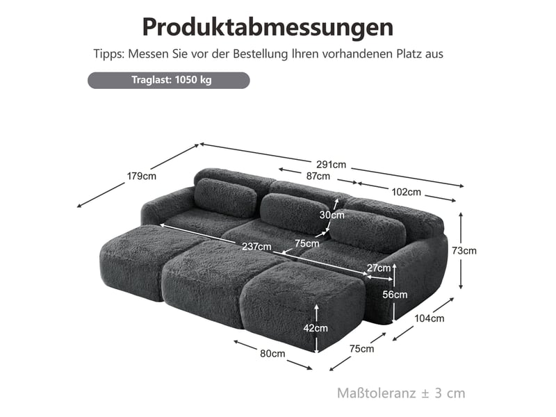  Canapé modulaire 3 places 291x179x73 cm avec 3 ottomans sans cadre gris  - Conforama E