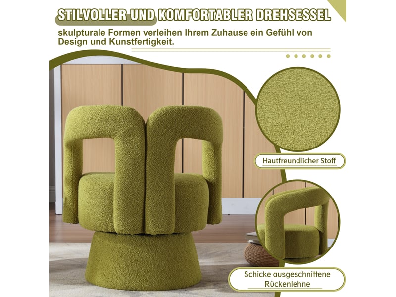  Fauteuil pivotant à 360 degrés en bouclette avec assise rembourrée et base métallique vert olive, 67 × 55 × 74 cm  - Conforama E