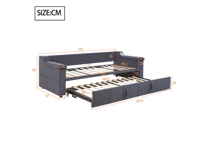 Canapé-lit extensible 90180x190 cm en velours gris avec bluetooth stéréo, ports usb et sommier inclus - Conforama E