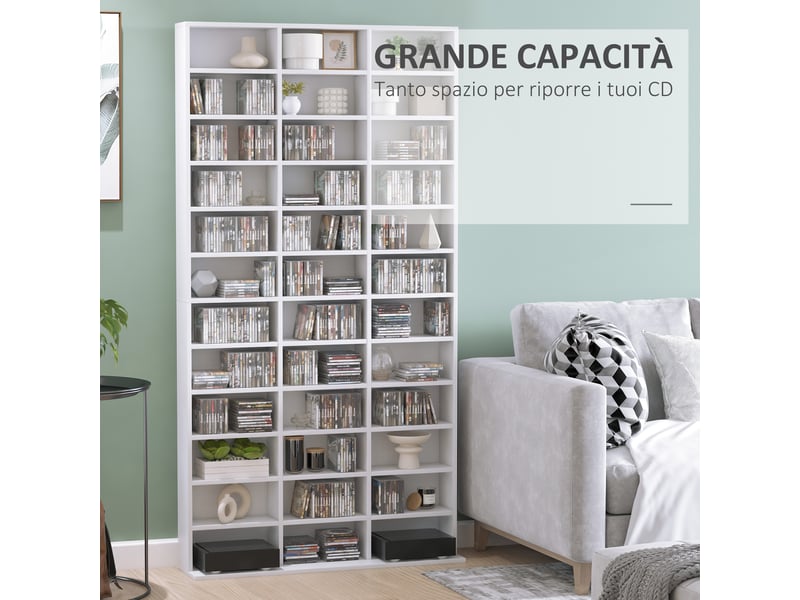  Bibliothèque cd en bois à 3 colonnes et 12 étagères réglables, 102 x 23,5 x 195 cm, blanche  - Conforama E