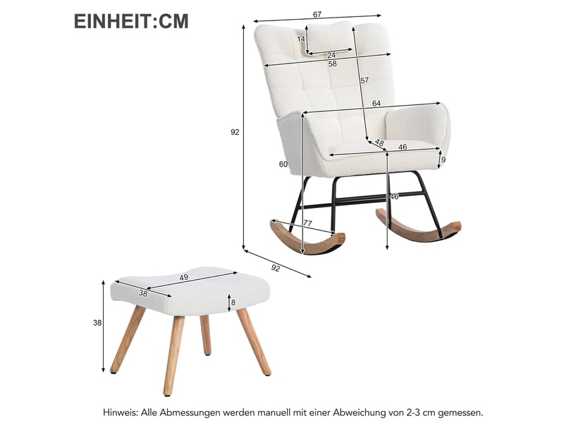  Fauteuil à bascule avec repose-pieds et coussin de tête, tissu bouclé blanc  - Conforama E
