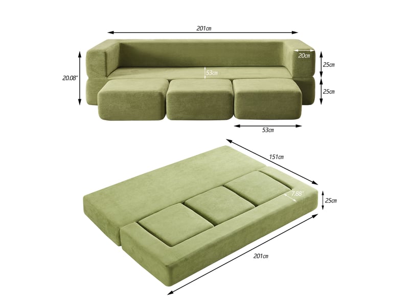  Canapé de sol modulable modenvie 3 places convertible en lit 201 x 75,5 x 50 cm chenille vert  - Conforama C