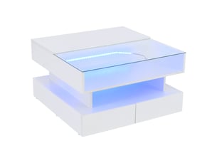 Table basse relevable avec 2 tiroirs, rangement caché et led, plateau en verre trempé, blanc, 80 × 80 × 45 cm - uvrion
