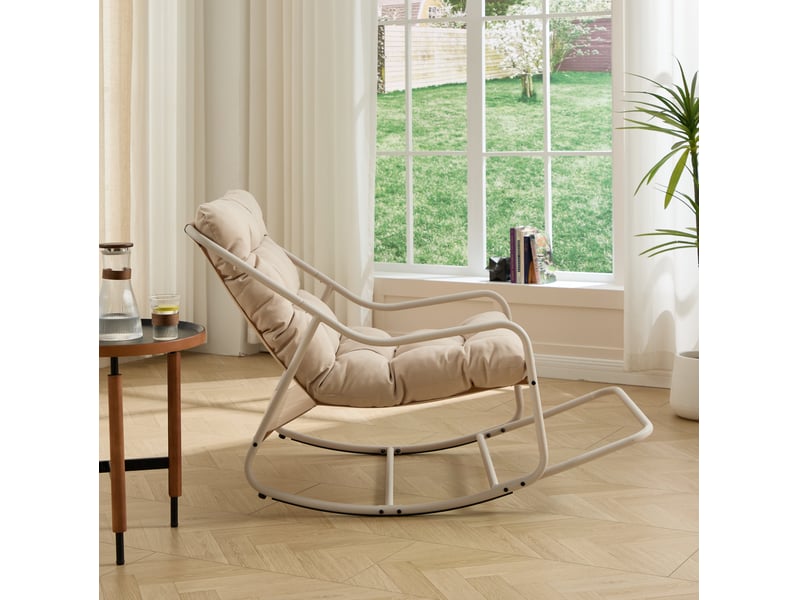  Fauteuil à bascule extérieur 75x116x82 cm en acier beige avec coussin épais  - Conforama D