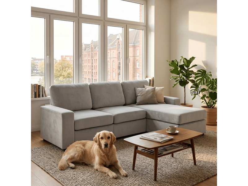 Canapé d'angle avec rangement intégré 245,5 cm 3 places ottomane réversible gris clair - Conforama W
