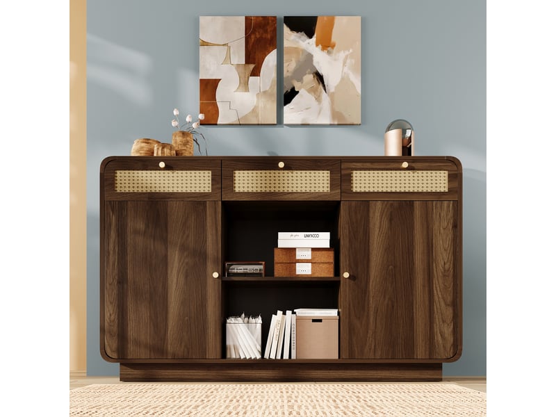 Buffet noyer 120 cm avec 3 tiroirs, 2 portes et étagère ouverte - Conforama E