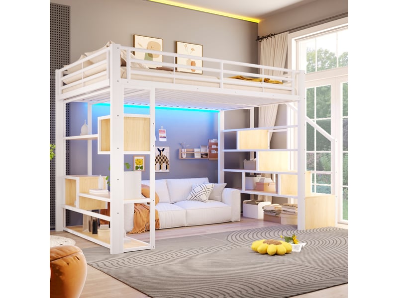Lit mezzanine 140x200 cm, lit enfant, rangement, échelle sécurisée, barrière antichute, led, bois et métal blanc - Conforama C