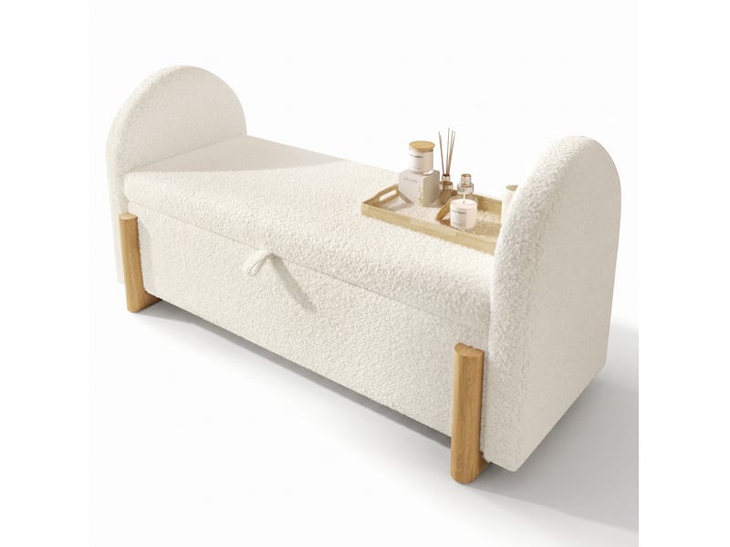  Banc coffre tcqpz 106 x 47 x 61 cm avec rangement hydraulique tissu chenille bouclette blanc  - Conforama A